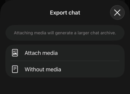 Hoja de WhatsApp que pregunta entre Attach media y Without media