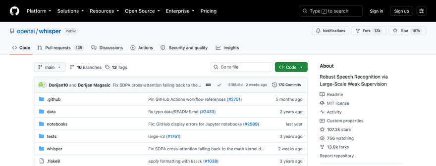 Repositorio openai/whisper en GitHub mostrando la licencia MIT y 107 mil estrellas