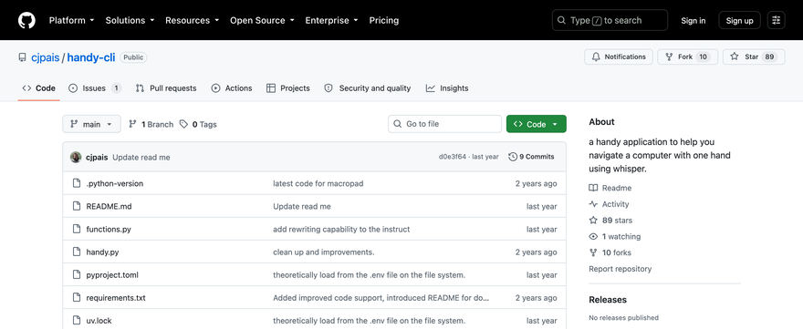 Repositorio cjpais/handy-cli en GitHub, sin archivo de licencia