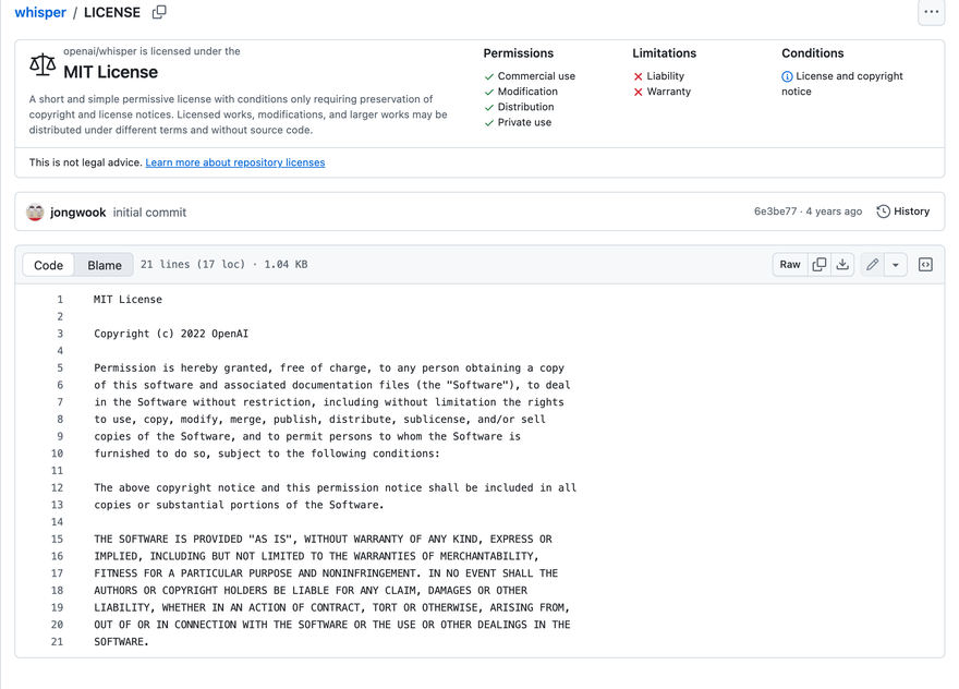 El texto completo de la licencia MIT en el repositorio de openai/whisper