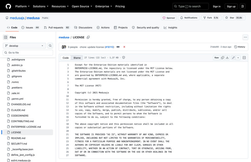 Archivo LICENSE de Medusa en la rama develop, con la excepcion de Enterprise Edition antes del texto MIT