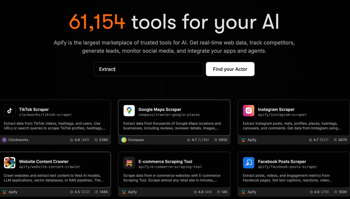 La página de Apify mostrando el contador de herramientas disponibles