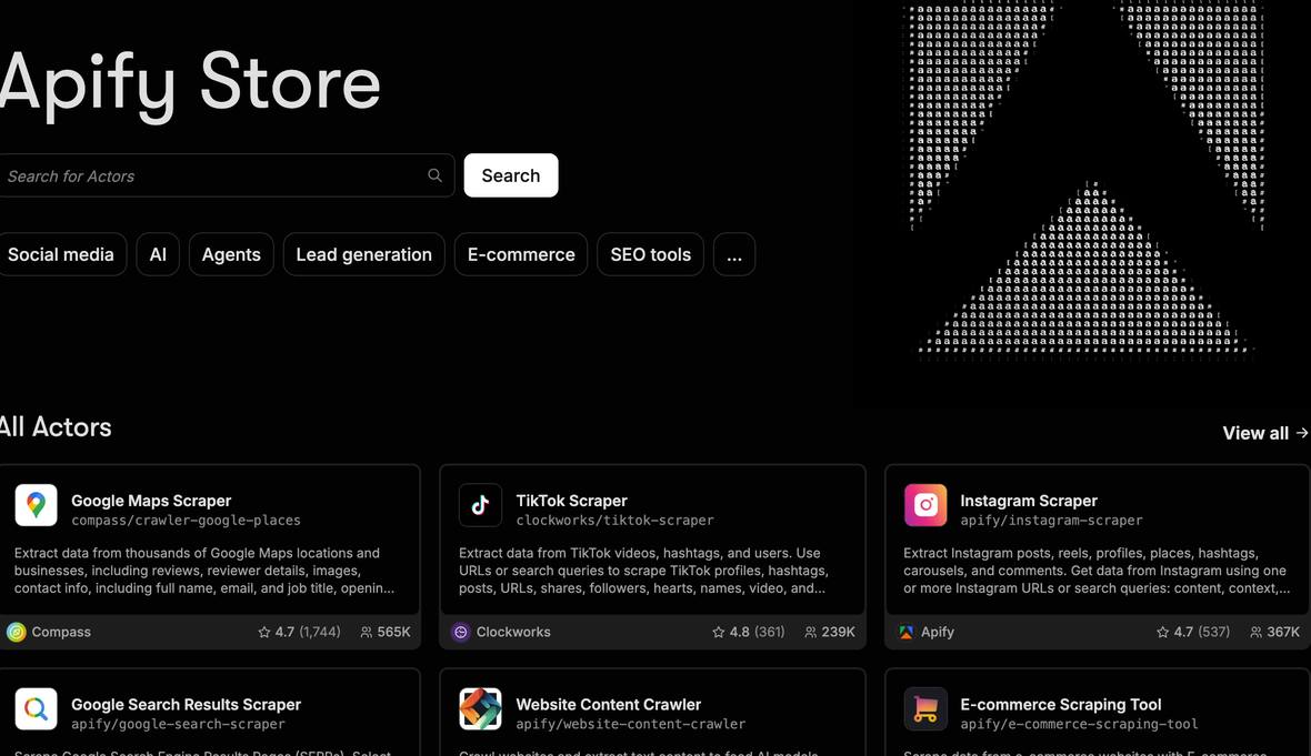 La tienda de Apify con las herramientas por categoría