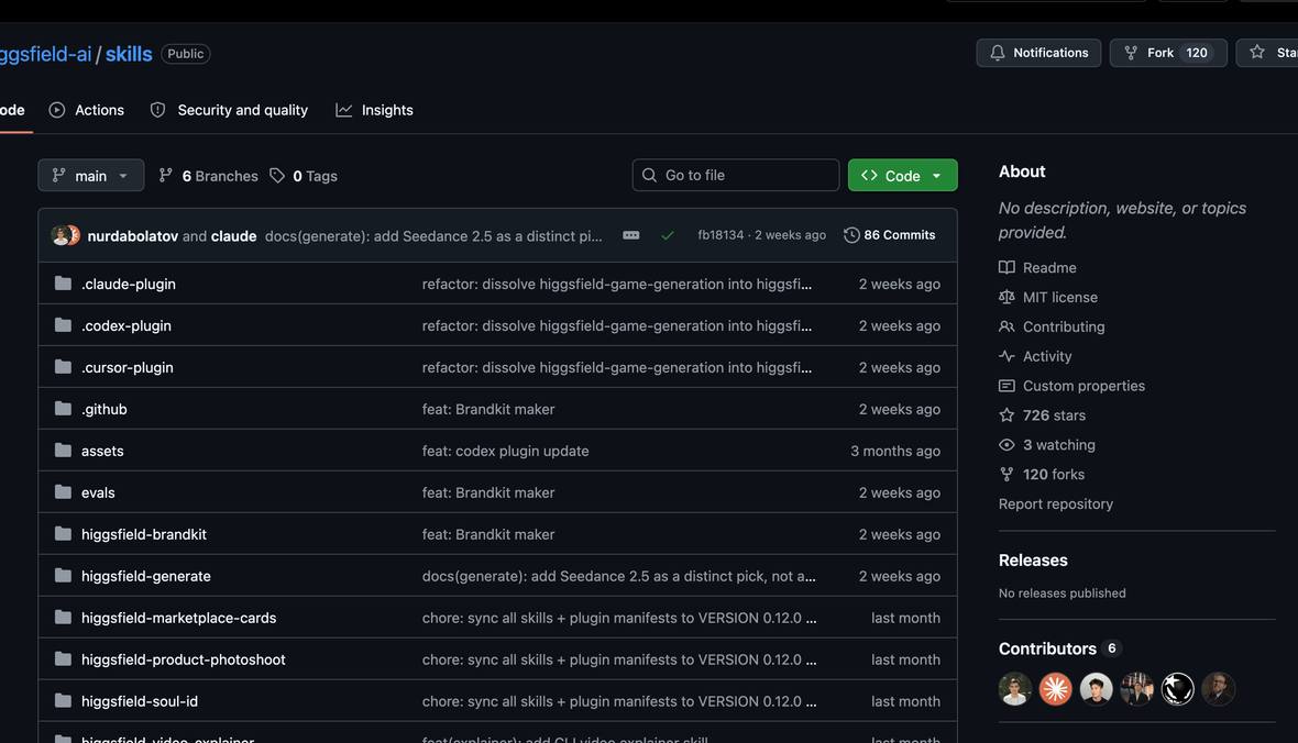 El repositorio higgsfield-ai/skills con sus habilidades oficiales