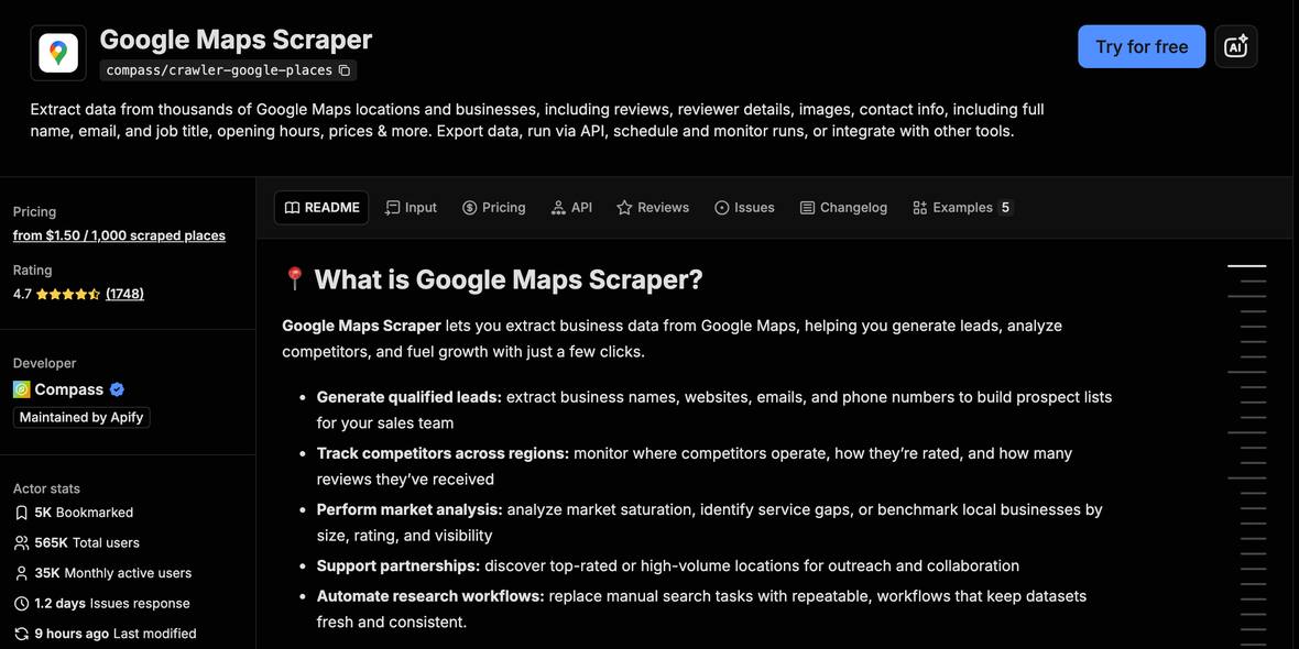 La ficha del Google Maps Scraper en Apify con su precio y calificación