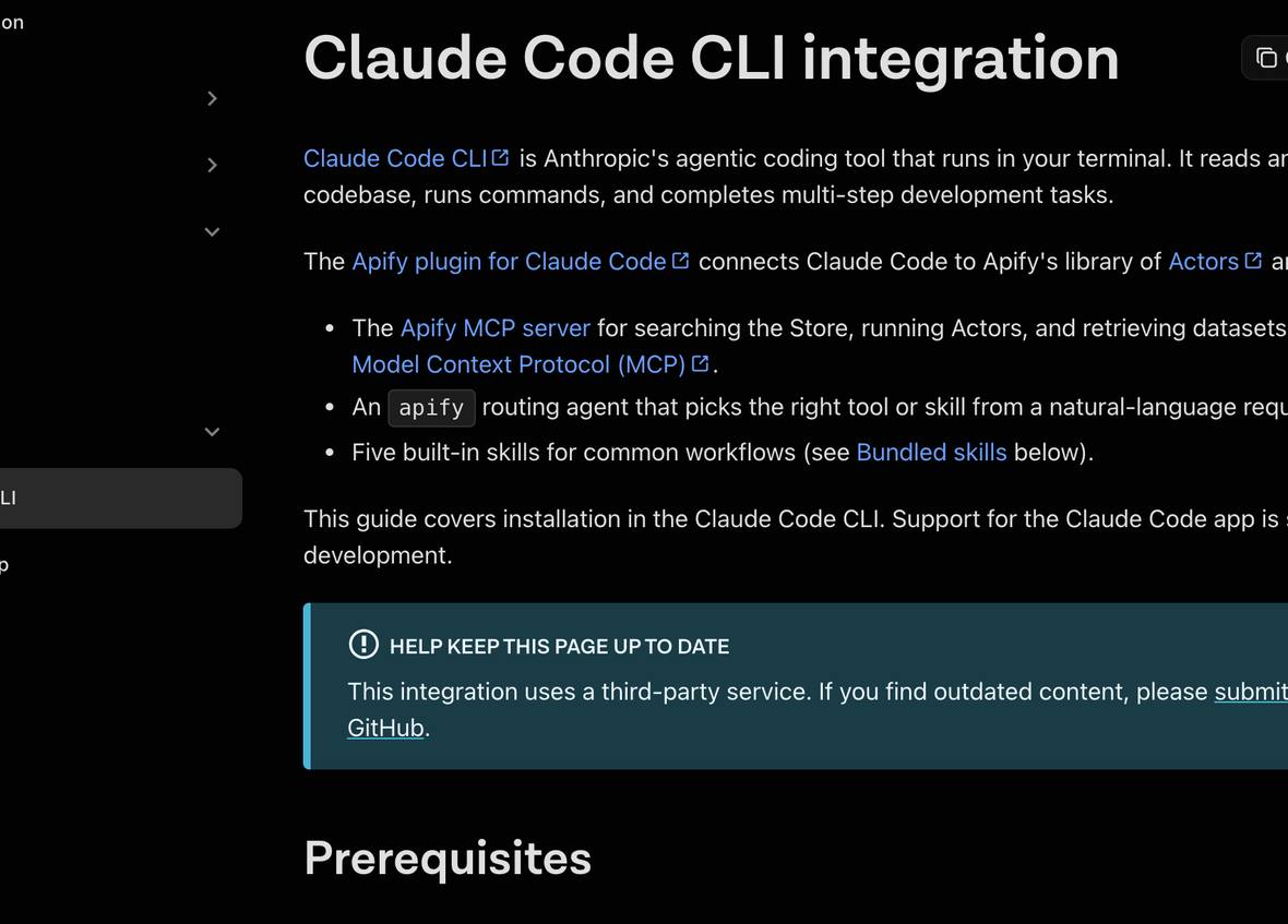 La documentación oficial de Apify para integrar Claude Code