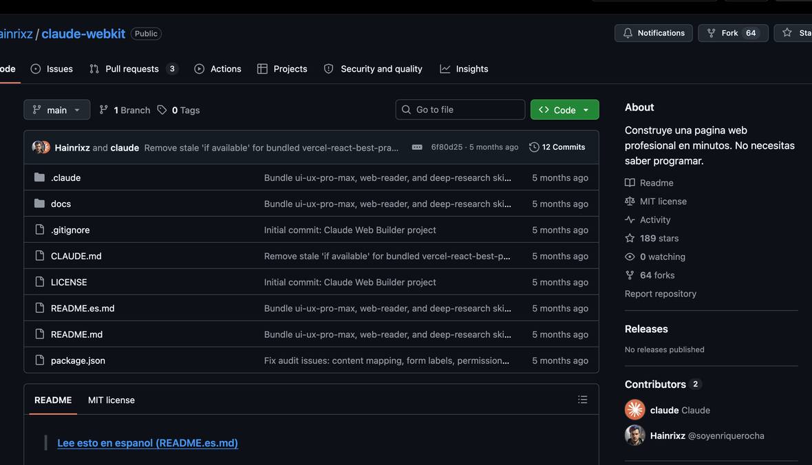 El repositorio claude-webkit en GitHub, con README en español