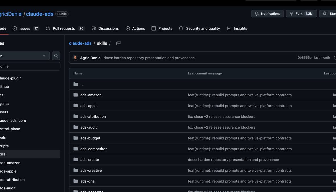 La carpeta skills del repositorio claude-ads con sus 33 habilidades