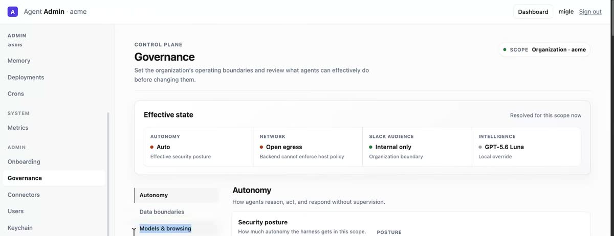 Pantalla de Governance de QM mostrando el estado efectivo: autonomía Auto, salida de red abierta, audiencia de Slack solo interna, e inteligencia GPT-5.6 Luna