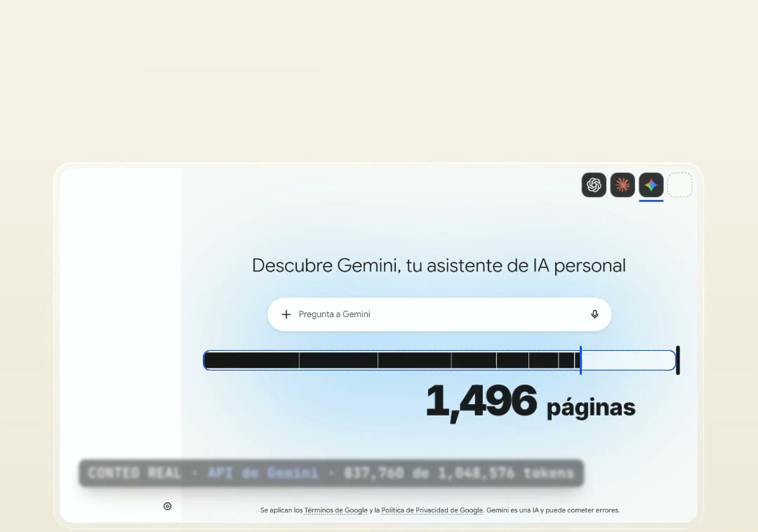 La pantalla de Gemini con una barra de contexto llena al 79.9 por ciento y la cifra 1,496 páginas