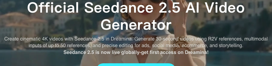 La portada de Dreamina anunciando: Create cinematic 4K videos with Seedance 2.5