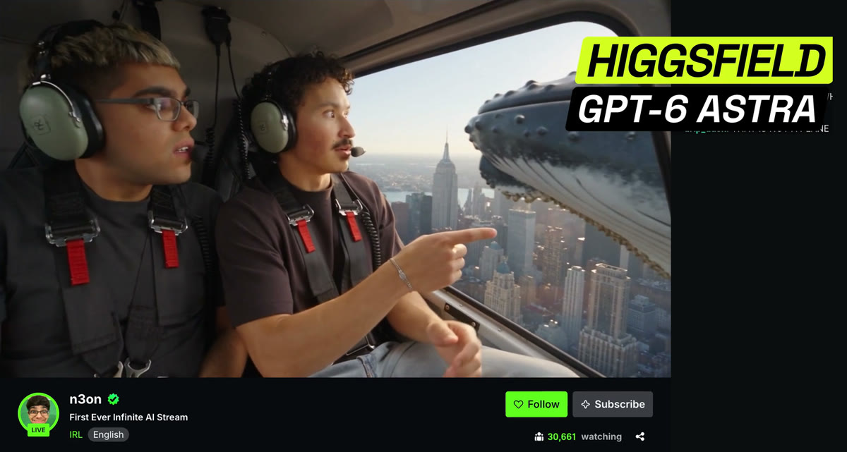 Canal de n3on en Kick en vivo: una escena generada con una ballena volando junto a un helicóptero, el título First Ever Infinite AI Stream y 30,661 personas viendo