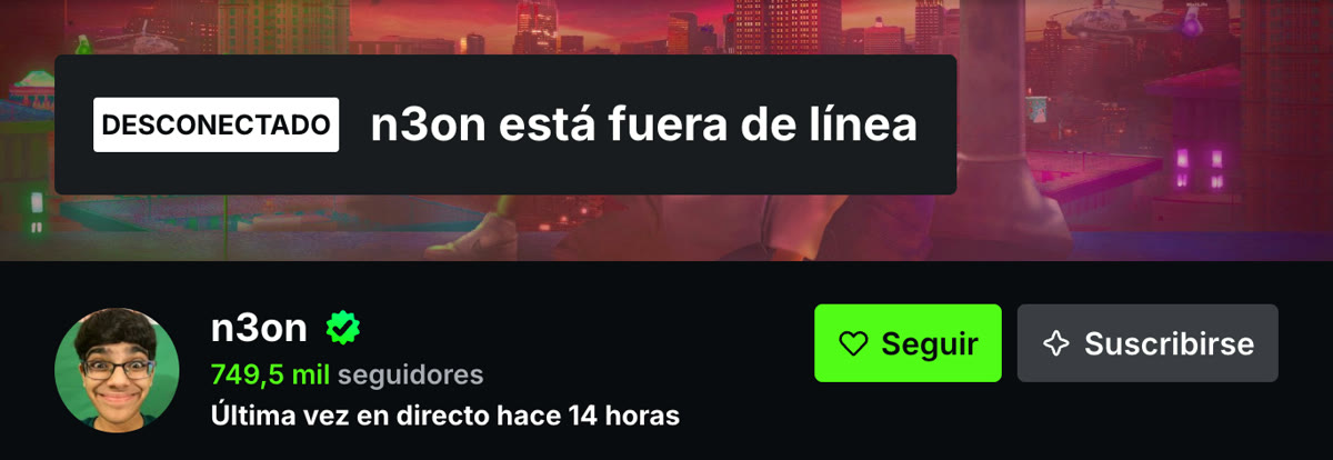 Canal de n3on en Kick el 12 de septiembre: desconectado, 749.5 mil seguidores, última vez en directo hace 14 horas