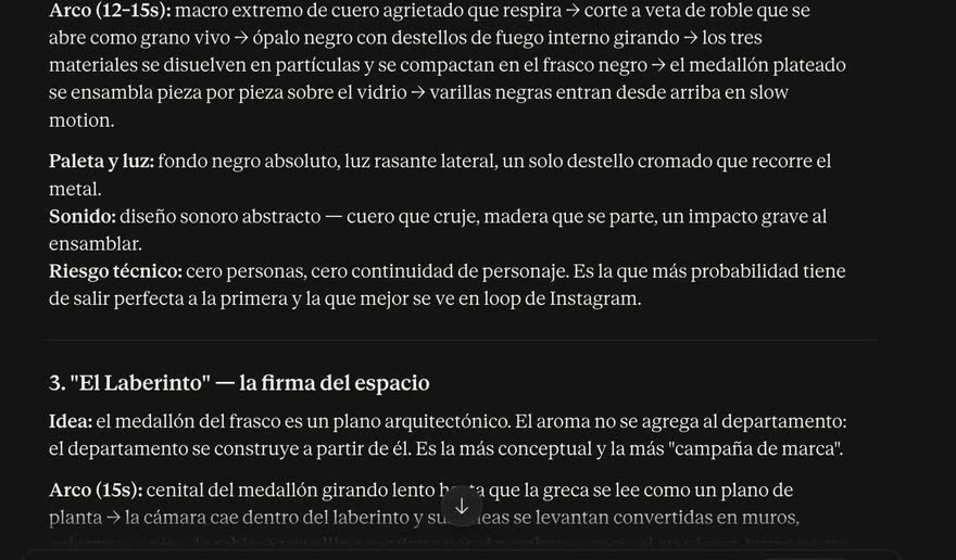 Respuesta de Claude con tres conceptos, cada uno con idea, arco, paleta y luz, sonido y riesgo técnico