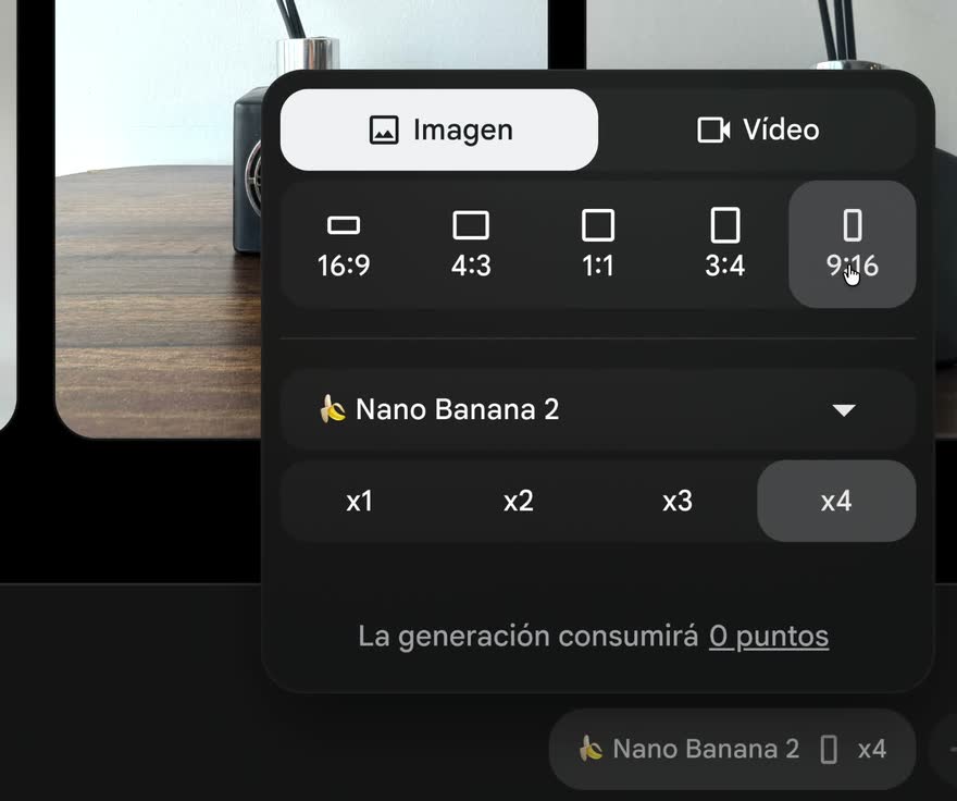 Panel de Google Flow abierto con el formato 9:16 seleccionado, el modelo Nano Banana 2, x4 y el aviso de que la generación consumirá 0 puntos