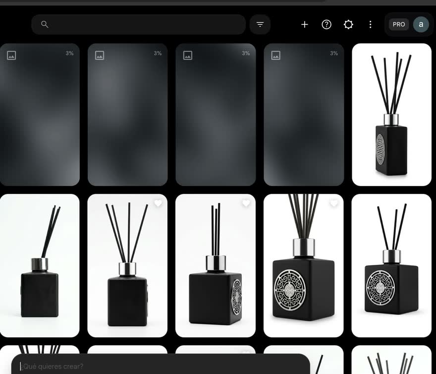 Galería de Google Flow con generaciones en proceso arriba y resultados terminados abajo