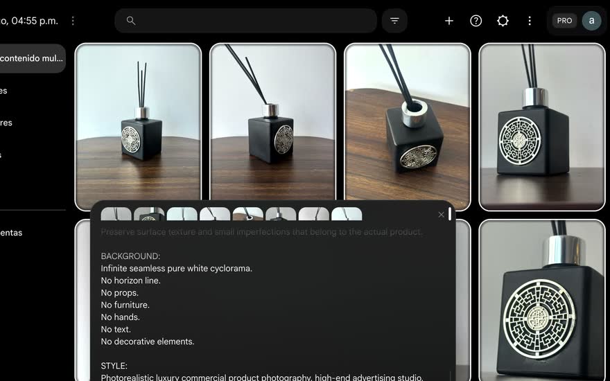 Google Flow con ocho fotos de referencia cargadas y el prompt escrito abajo
