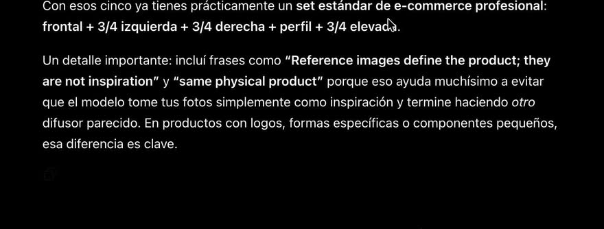 Explicación en pantalla de por qué las frases reference images define the product y same physical product evitan que el modelo invente