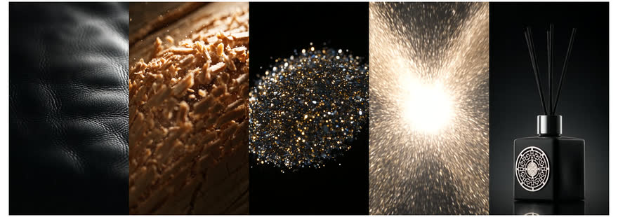 Cinco cuadros del comercial terminado: cuero en macro, madera astillándose, partículas doradas, un destello de luz y la botella final