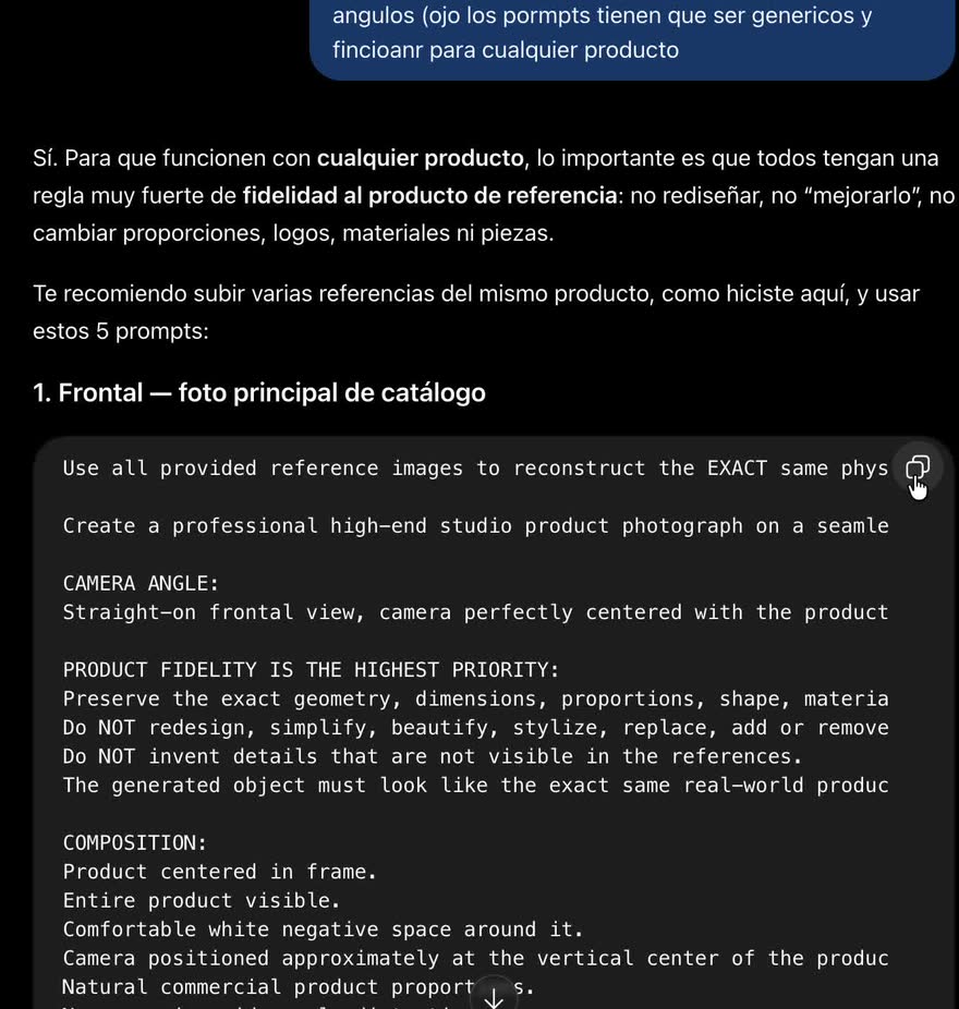 Conversación pidiendo explícitamente que los prompts sean genéricos y sirvan para cualquier producto