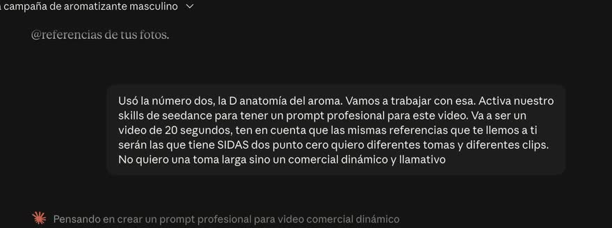 Segundo mensaje a Claude eligiendo el concepto dos y pidiendo un comercial dinámico de veinte segundos