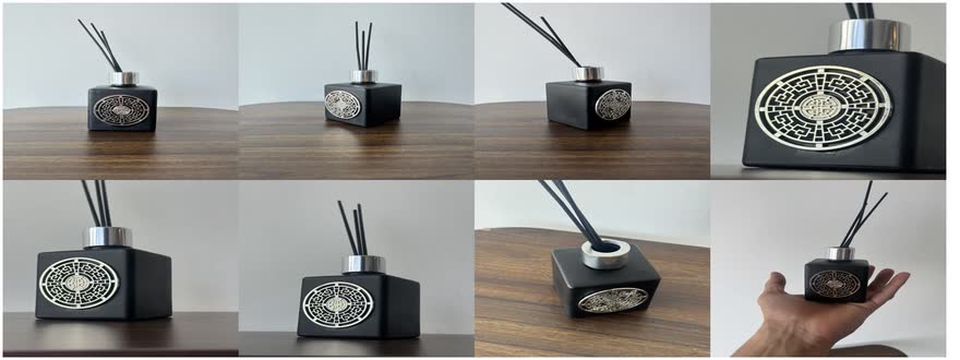 Las ocho fotos que se le tomaron al difusor con el celular sobre una mesa de comedor