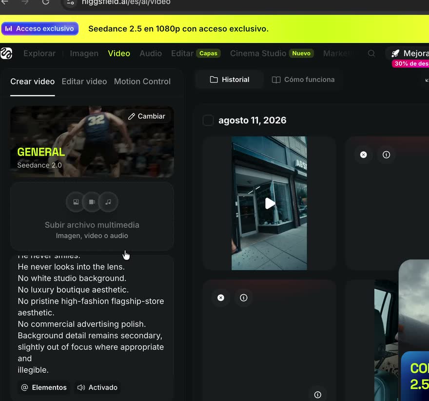 Panel Crear video de Higgsfield con el modelo Seedance 2.0 y la zona de subir archivo multimedia